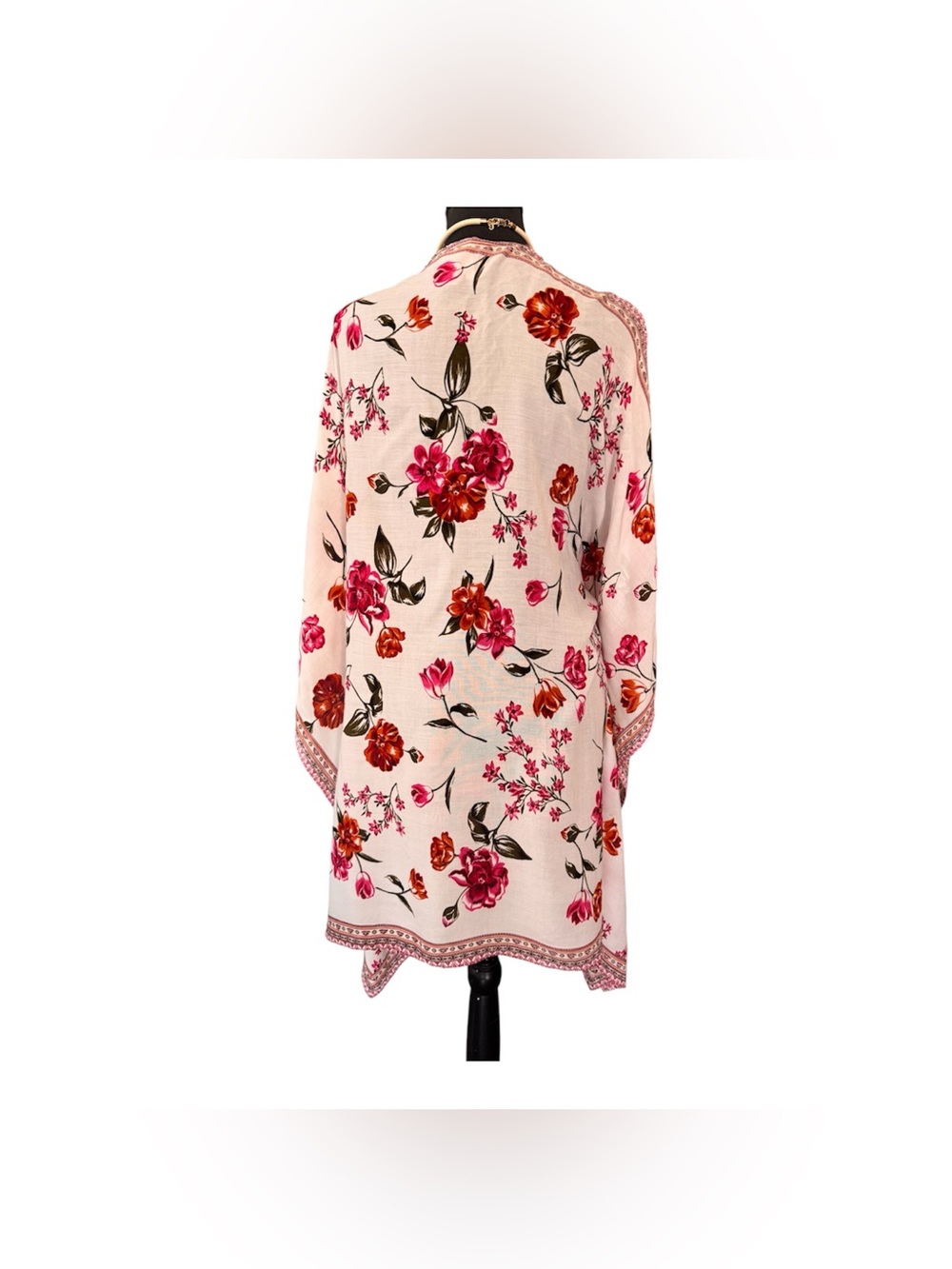 Japna Floral Boho Kimono Cardigan in White with Red & Orange Flowers - Picture 4 of 6